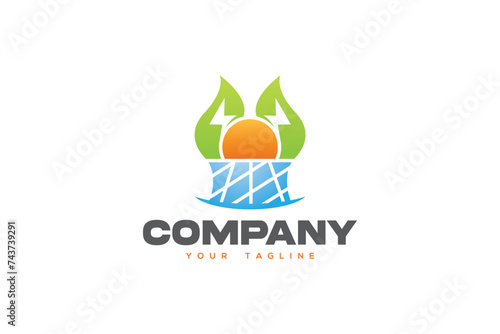 Logo design of an energy solar panel with bright sun in the center and leaves on top..