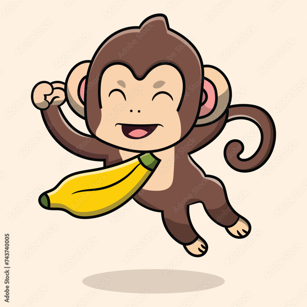 Fototapeta premium Vector cute monkey flying with banana icon illustration. Animal Food Icon Concept Isolated