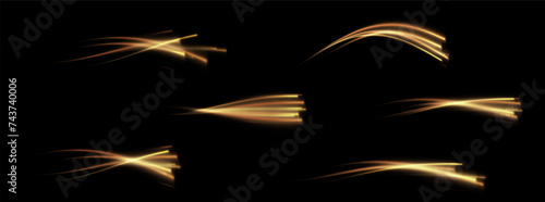 Speed Lines. Background of gold or neon speed light lines. Dynamic lights on a dark background. Concept of high speed gold speed lines. Vector png.	