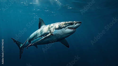 Majestic Great White Shark Swimming in Deep Blue Ocean Waters	 photo