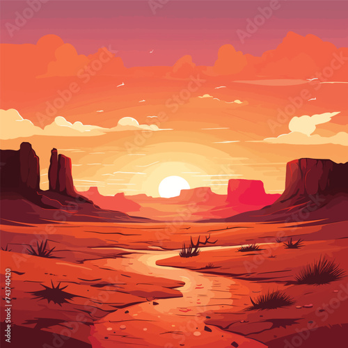 Vector illustration of Sunset Desert Landscape. 