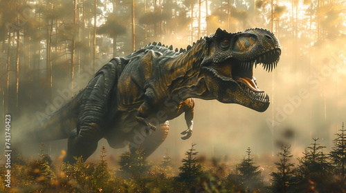 Majestic T rex in a 3D rendered misty woodland detailed textures and dynamic lighting enhancing the prehistoric ambiance photo