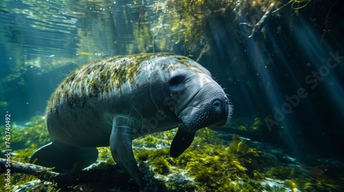 Majestic Manatee Swimming in Sunlit Underwater Forest 