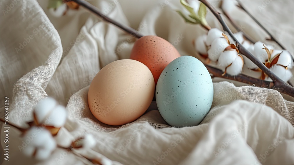 Easter eggs painted in soft colors laying on textile surface with white cotton branch, boho aesthetic spring background, AI generated