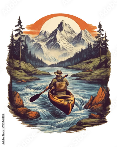 Vintage Retro Paddling Kayaking Kayker T-Shirt. Mountain Camping Design for Print