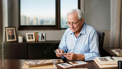 Elderly gray-haired man sits at table holding old photos, reminiscing about loved one
