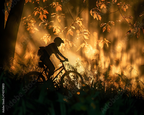 A mountain biker in silhouette rides through a mystical forest with rays of sunlight piercing through.