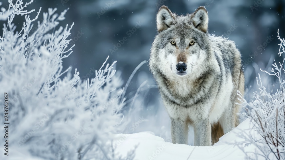 Majestic Grey Wolf in Snowy Wilderness Landscape