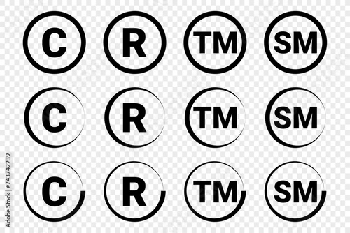 Collection of trademark right, copyright icon and license intellectual property sign.