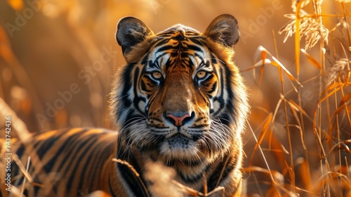 Majestic Tiger Amidst Golden Grass in Warm Sunset Light