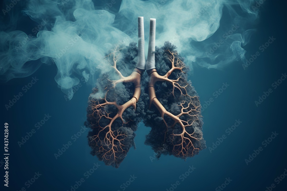 The effect of smoking on the lungs. Dangerous cigarette smoke causing damage to lungs. World tobacco day - obrazy, fototapety, plakaty 