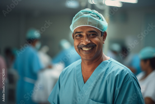 Portrait of happy indian doctor medical worker in surgical clothing in an operating room, concept of surgery and professionalism in the medical field photo