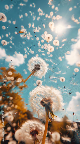 Dandelion seeds dispersing in the wind against a bright blue sky and sun rays.