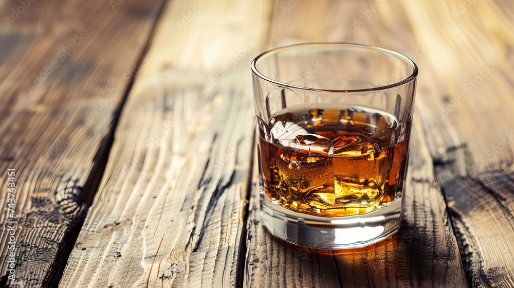 Wooden table with a glass of whiskey Wooden table with a glass of whiskey