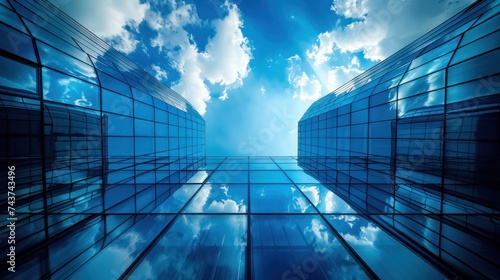 Photo looking skyward of modern blue Skyscraper   - AI Generated Digital Art