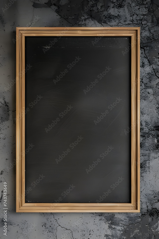 Old frame mock up close up on black wall, 3d render. Traditional blackboard isolated on a concrete background.