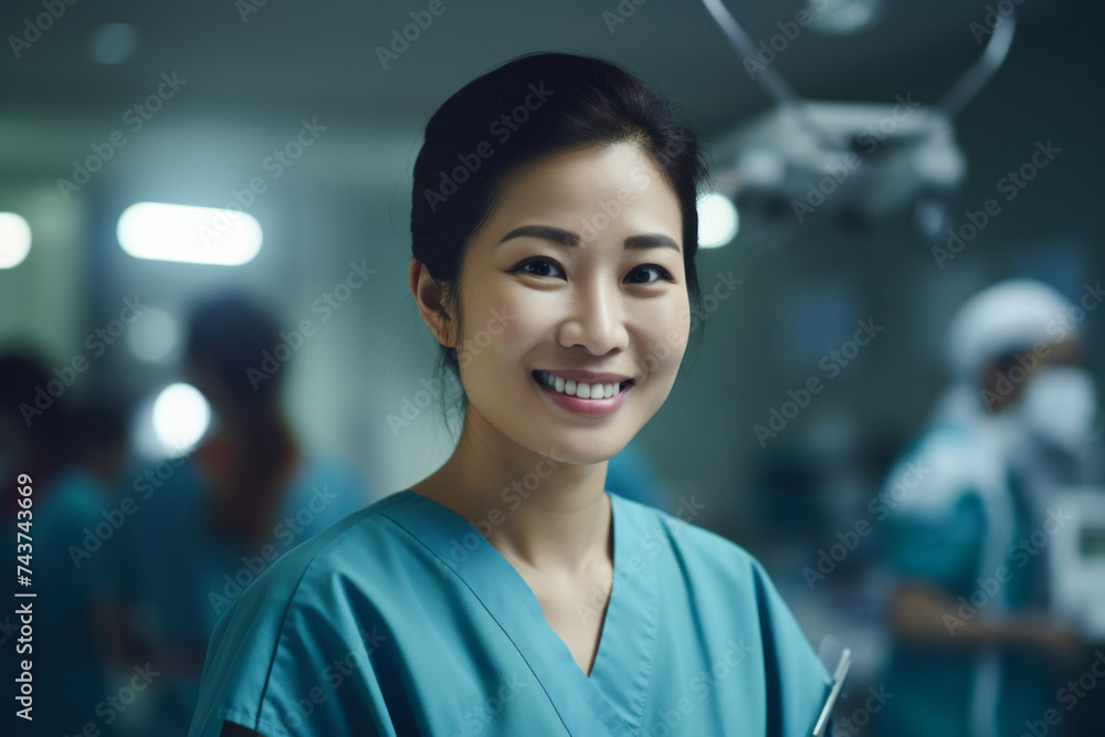 Fototapeta premium Portrait of a doctor medical worker in surgical clothing in an operating room, concept of surgery and professionalism in the medical field