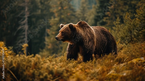 Majestic Brown Bear Roaming in Lush Green Forest photo