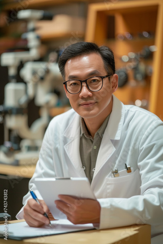 Bespectacled East Asian optometrist writing patiently on clipboard, optician's workshop table displaying ophthalmic instruments clearly behind him.