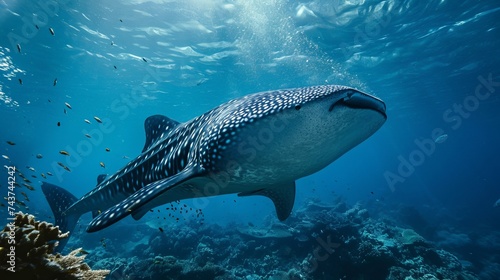 Majestic Whale Shark Amidst Vibrant Coral Reef in Clear Blue Ocean	