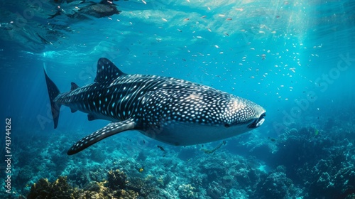 Majestic Whale Shark Swimming Gracefully Among Coral Reefs Under Sunlit Ocean Surface 