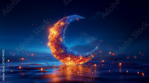 Islamic greetings ramadan kareem card design template. Space for text. background with beautiful crescent, stars and bokeh photo
