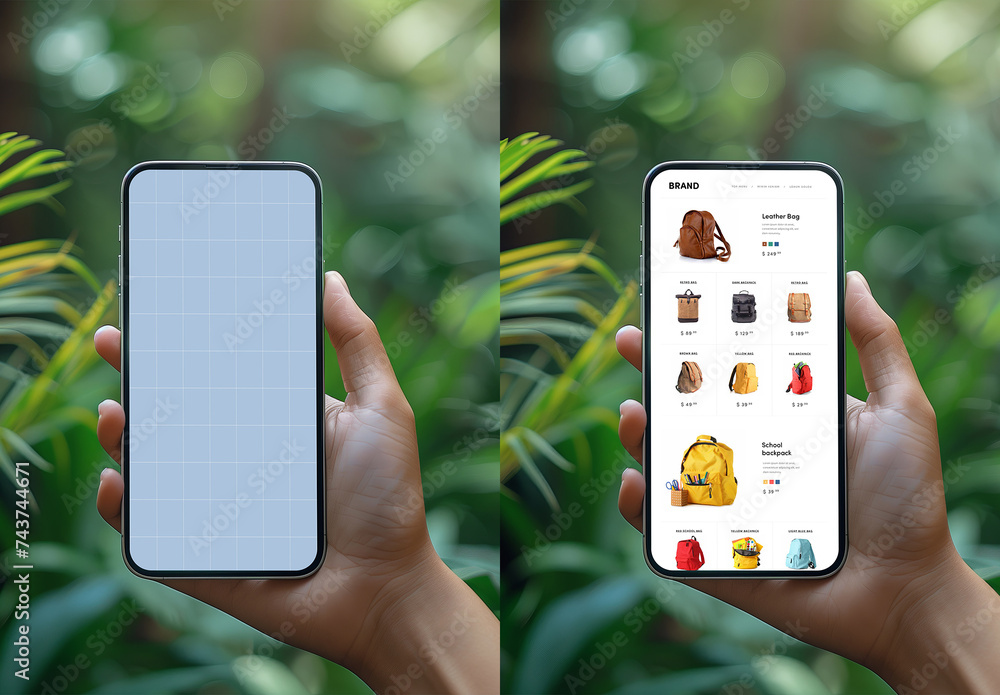 Smartphone Mockup With Hand Holding Mobile Device Against Green Nature ...