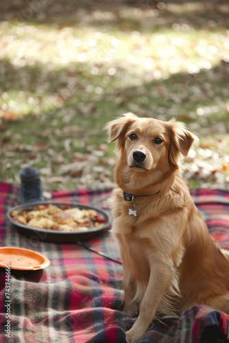 Dog fetchingly optimistically at frisbee as corporate coworkers socialize competitively around potluck spread on adjoining tartan plaid blankets.