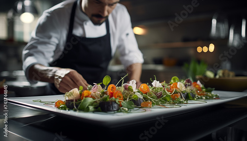 a gourmet dish is prepared by a chef in the kitchen of an expensive restaurant. 