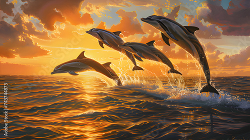 dolphins in sunset. Generative AI
