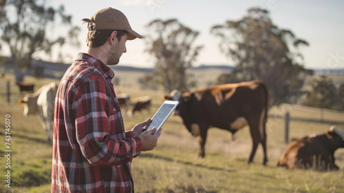 A rancher with a checkered shirt and a tablet in his hand watching his cattle