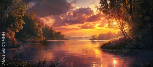 A detailed painting capturing the beauty of a vibrant sunset over a flowing river on a summer evening. The sky is ablaze with hues of orange, pink, and purple, reflecting on the water below. © TheWaterMeloonProjec