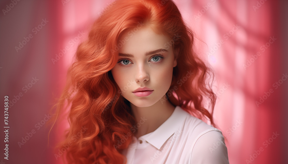 beauty portrait of a red-haired girl in the studio on a pink background. beauty portrait of a red-haired girl in the studio on a pink background.
