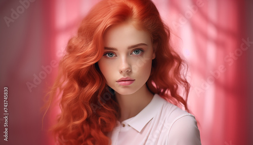 beauty portrait of a red-haired girl in the studio on a pink background. 