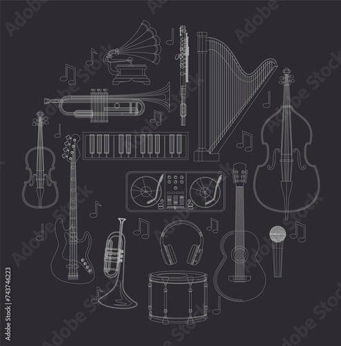 Musical instruments banner. Instrumental band, saxophone drum guitar background. Music jazz orchestra concert, abstract neoteric vector poster with flat instrument