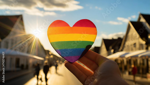 lgbt rights concept, hand holds a heart painted like a LGBT flag, silhouetted against sun Christopher Street Day,csd concept.Christopher street day - CSD -2024.Germany town. photo