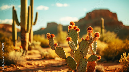 Close-up of different cacti against a desert background. Sweltering heat. Desert landscape. Generative AI