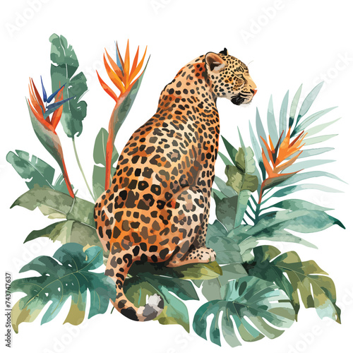 Watercolor leopard sitting back Strelitzia flower