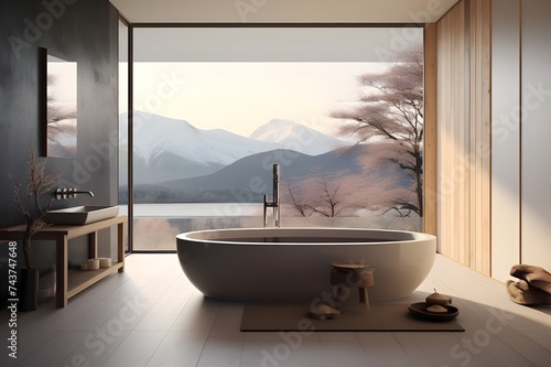 Japanese soaking tub in a tranquil and minimalist bathroom.  © Tachfine Art