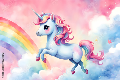 watercolor unicorn jumps and runs across the rainbow