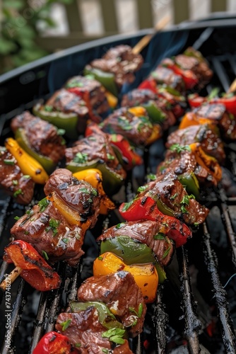 summer picnic concept. closeup of bbq skewers on the grill. ai generated