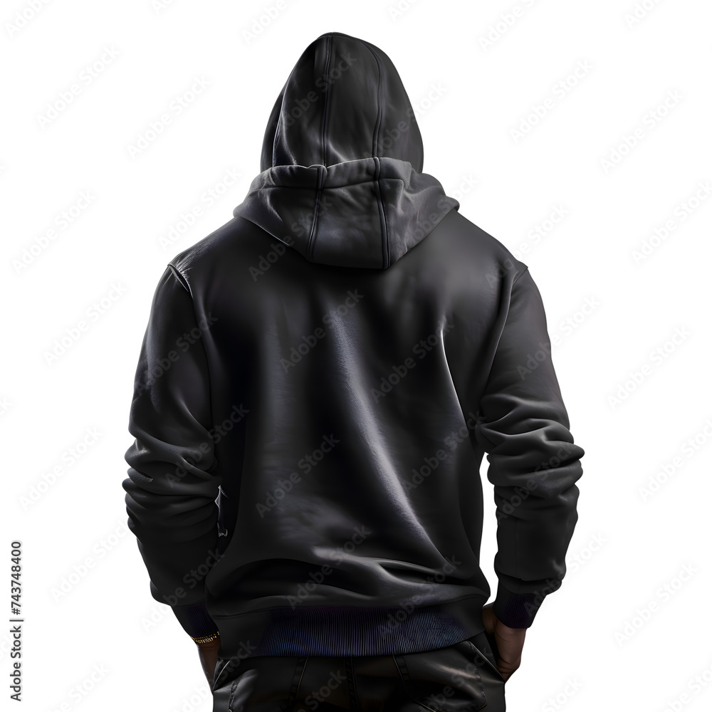 Hooded man in black hoodie isolated on white background.