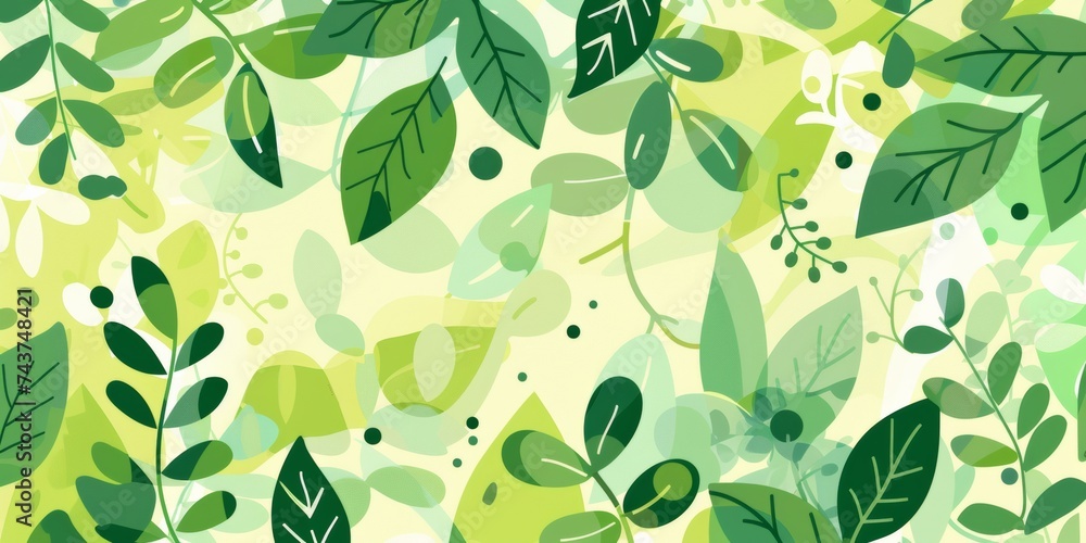 Whimsical springtime foliage with a variety of leaf shapes in fresh green hues on a soft yellow background, ideal for eco-themes.