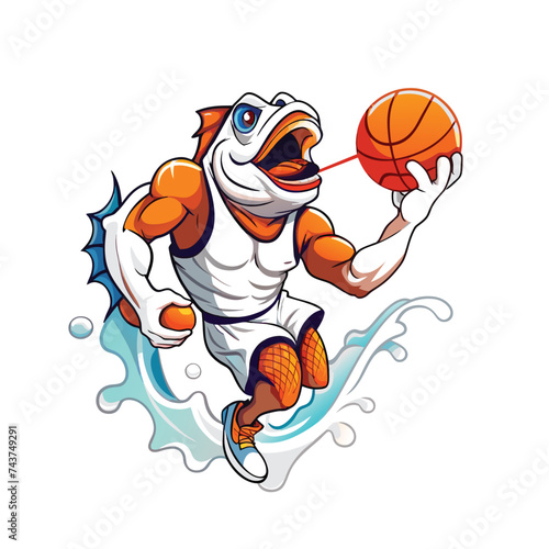 cartoon character fish playing basket ball 