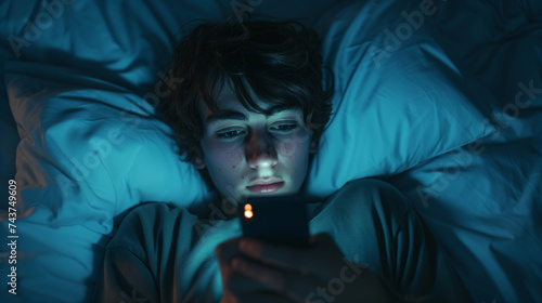 Doomscrolling. FOMO. Teenager boy lying in bed at night, checking phone with a worried expression