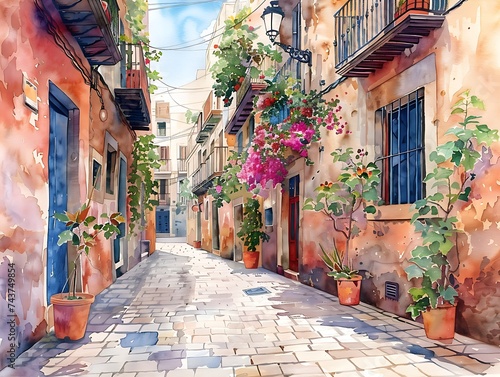 Watercolor Barcelona street with warm stone buildings blooming balcony flowers and narrow sunny alley