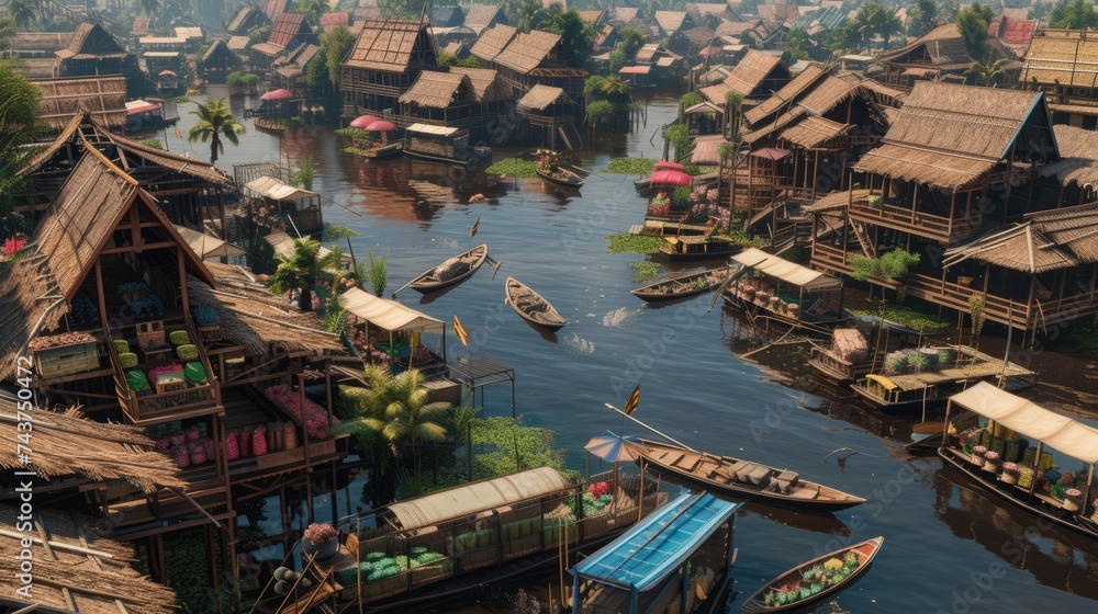 Aerial view of the famous floating market, farmer selling organic food, fruits, vegetables on water river
