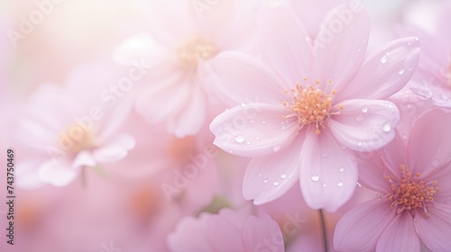 A cluster of delicate pink flowers glisten with raindrops, creating a mesmerizing and enchanting scene