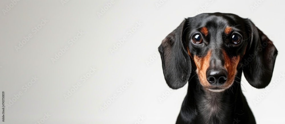 A black and brown dachshund with a focused gaze, looking directly at the camera on a white backdrop.