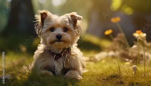 small cute dog in the park against a background of flowers in the sunlight. portrait of a dog in nature. © Juli Puli